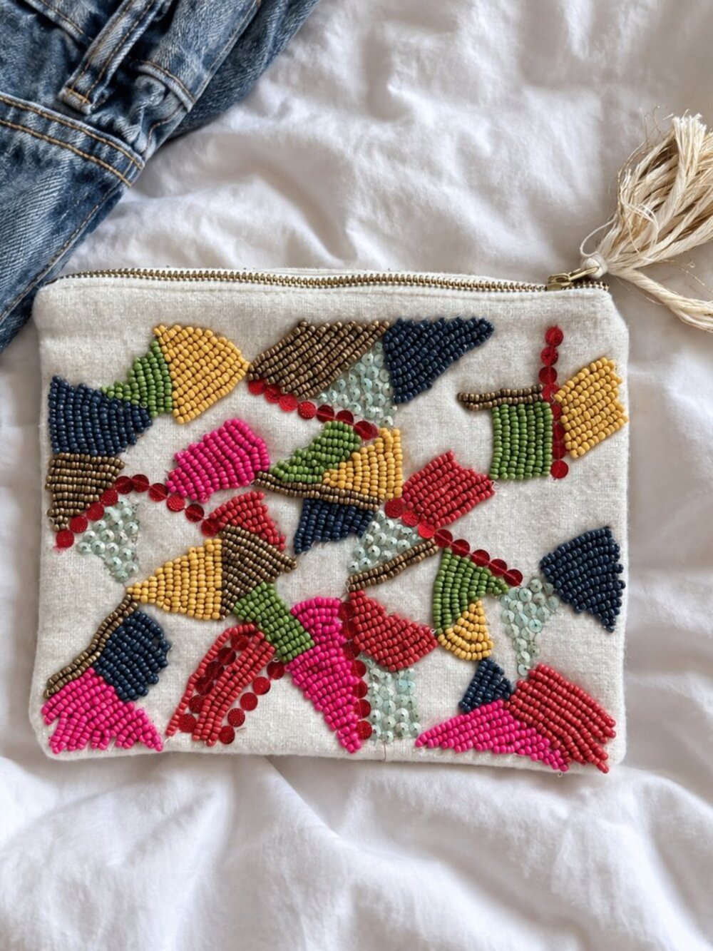 Colorful Beaded Ivory Zip Pouch Clutch Bag